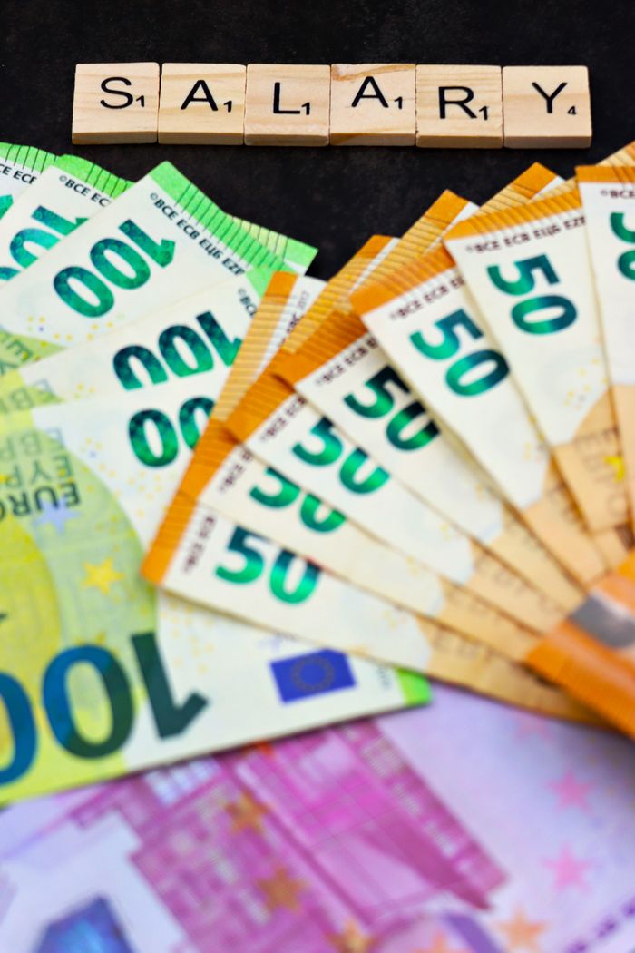 Euro currency notes arranged with 'SALARY' tiles, symbolizing finance and income.